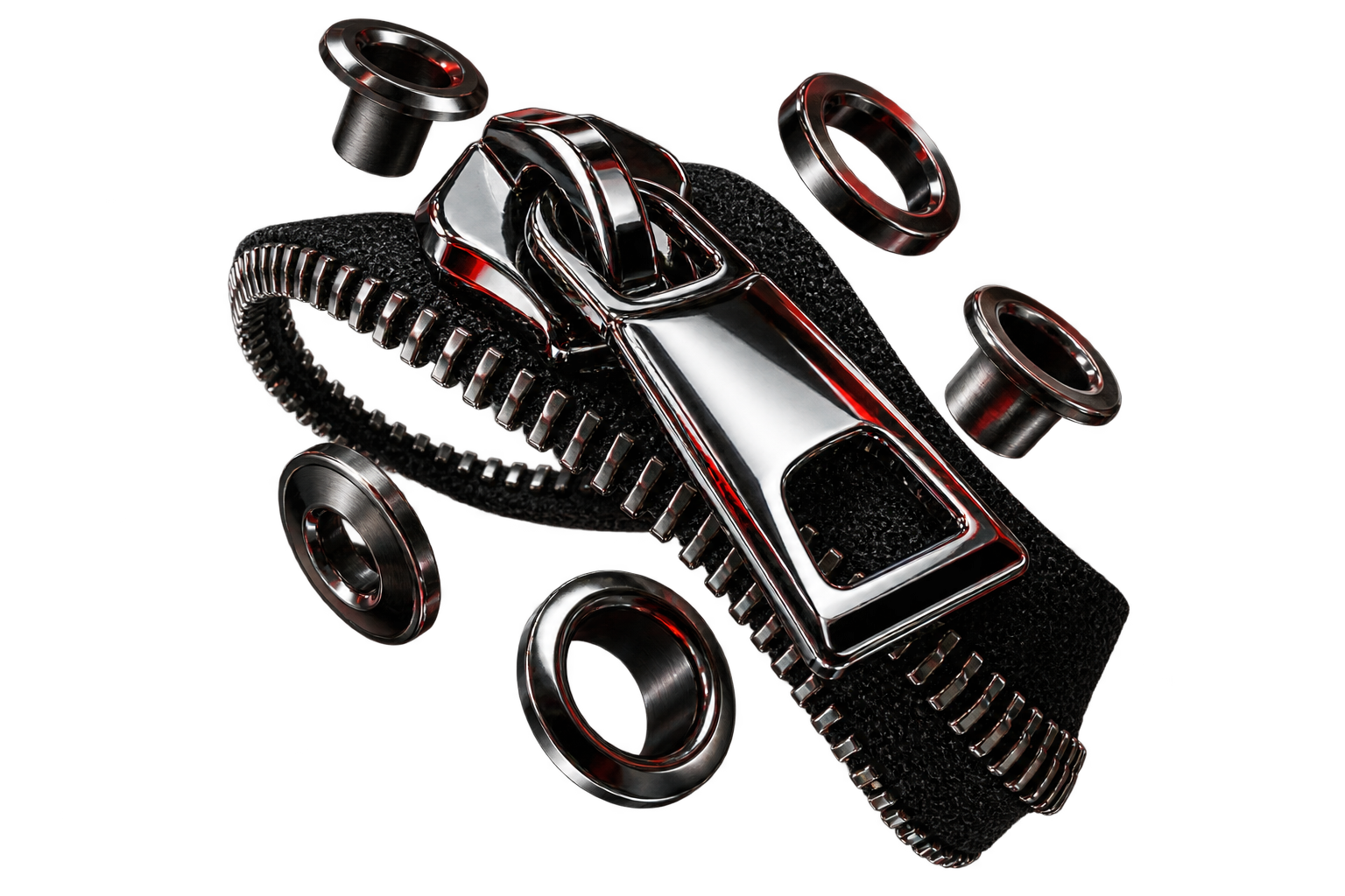 Chrome zipper pull and garment eyelets