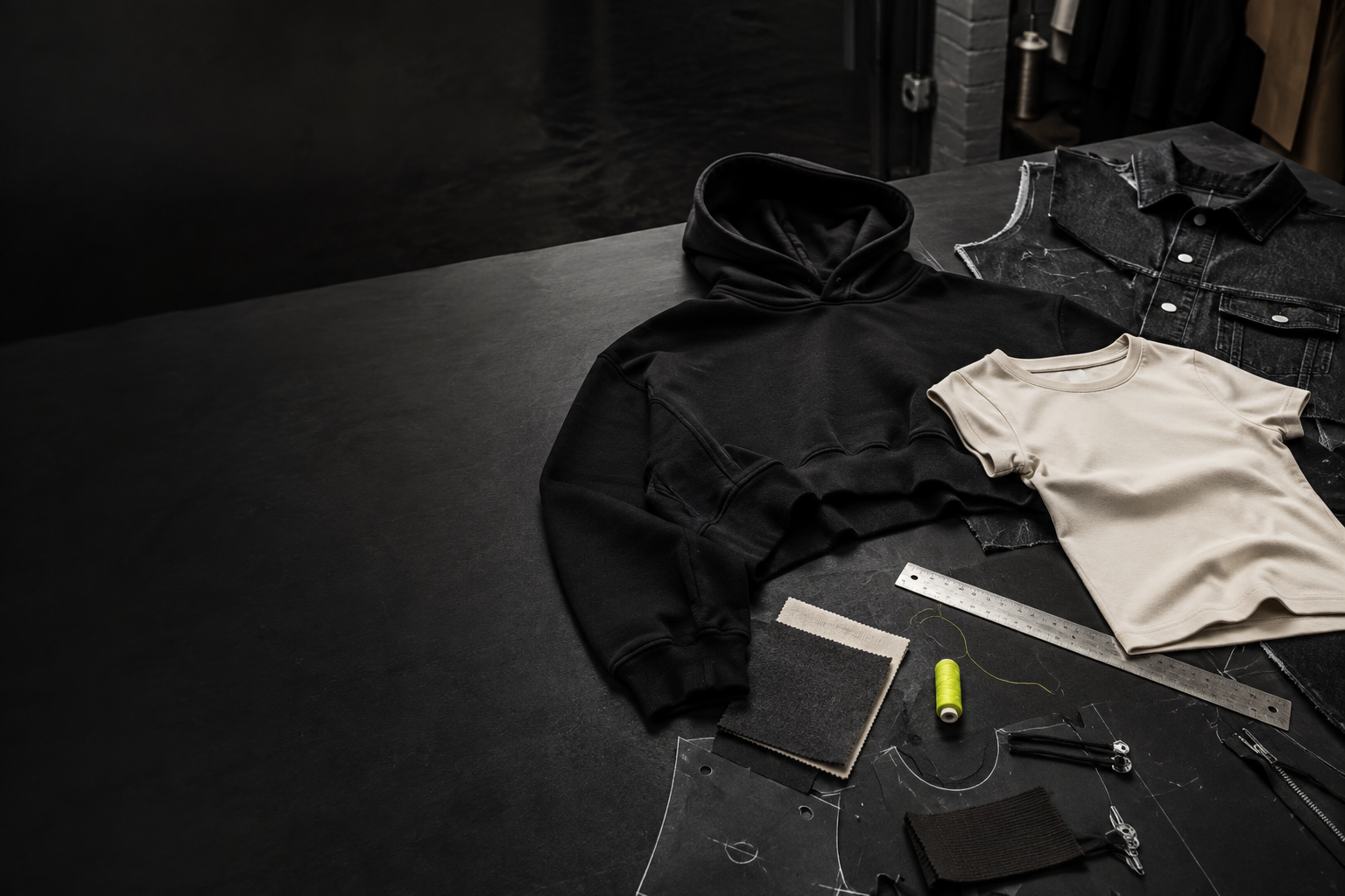 Black hoodie, fitted tee, denim panels, and fabric swatches on a garment development table